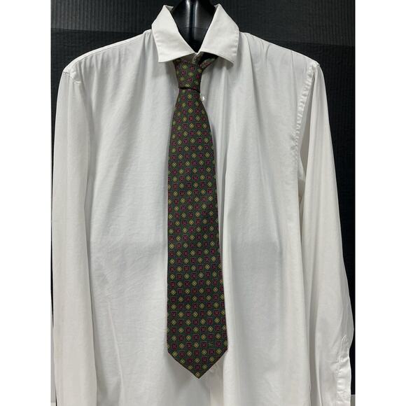 Vintage Burberrys Of London Tie Silk Green Red Gold‎ Geometric Print - Picture 1 of 7